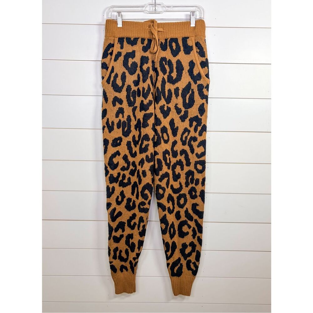 NWOT Yummy Sweater Co Women's Leopard Print Knit Jogger Pants Brown Black Medium